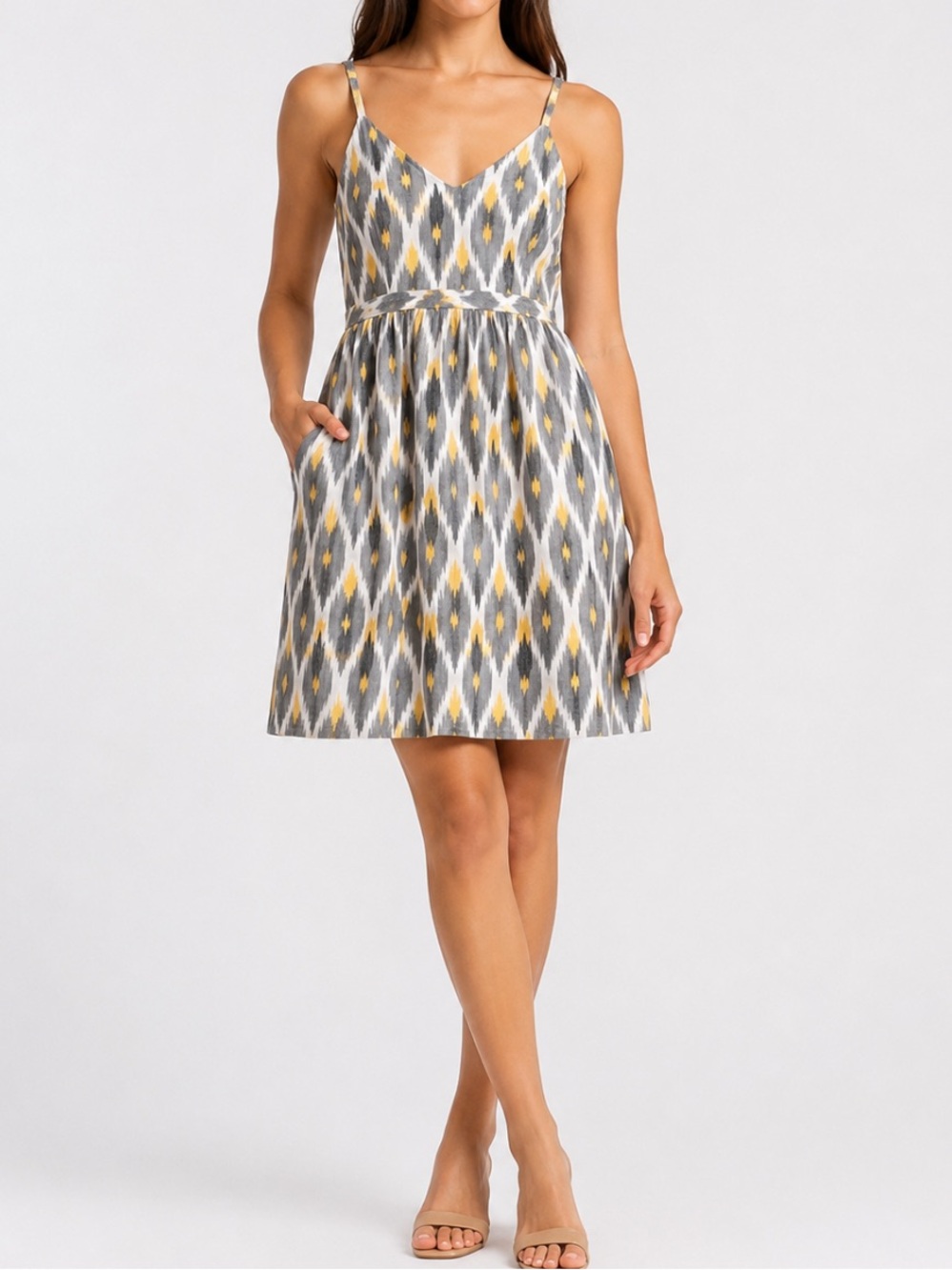 Lost Women’s Gray Yellow Ikat Print Dress Sleeveless Strappy Skater Dress